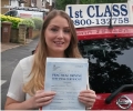 Rebecca with Driving test pass certificate